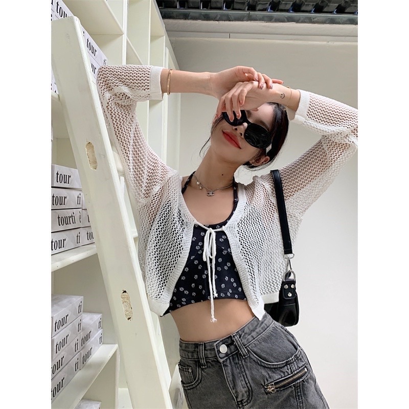 🍊Áo hai dây yếm thun họa tiết phối cardigan len lưới buộc ngực Ulzzang style🌸 Hàng Quảng Châu
