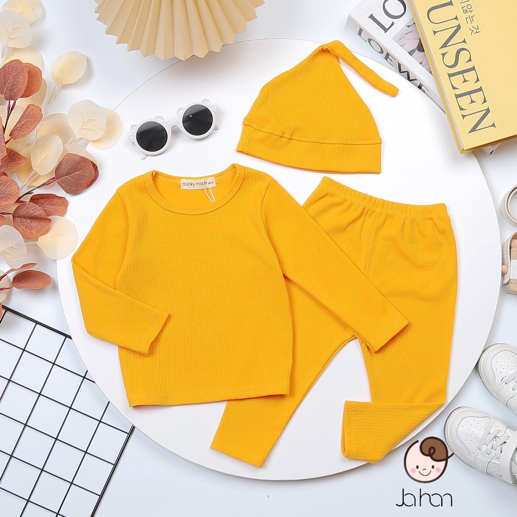 Bộ quần áo dài tay len tăm Củ tỏi thu đông cho bé trai bé gái Minky Mom quần cạp cao mềm mại thoải mái