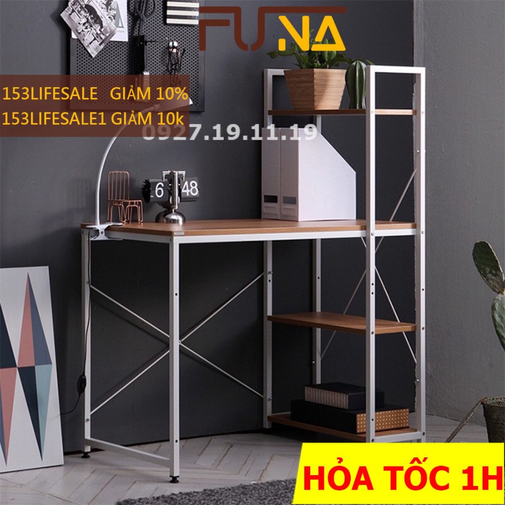 Bàn làm việc học tập kiểu hàn chữ H phối kệ sách đa năng, có 2 thanh giằng sắt ngang rất chắc chắn