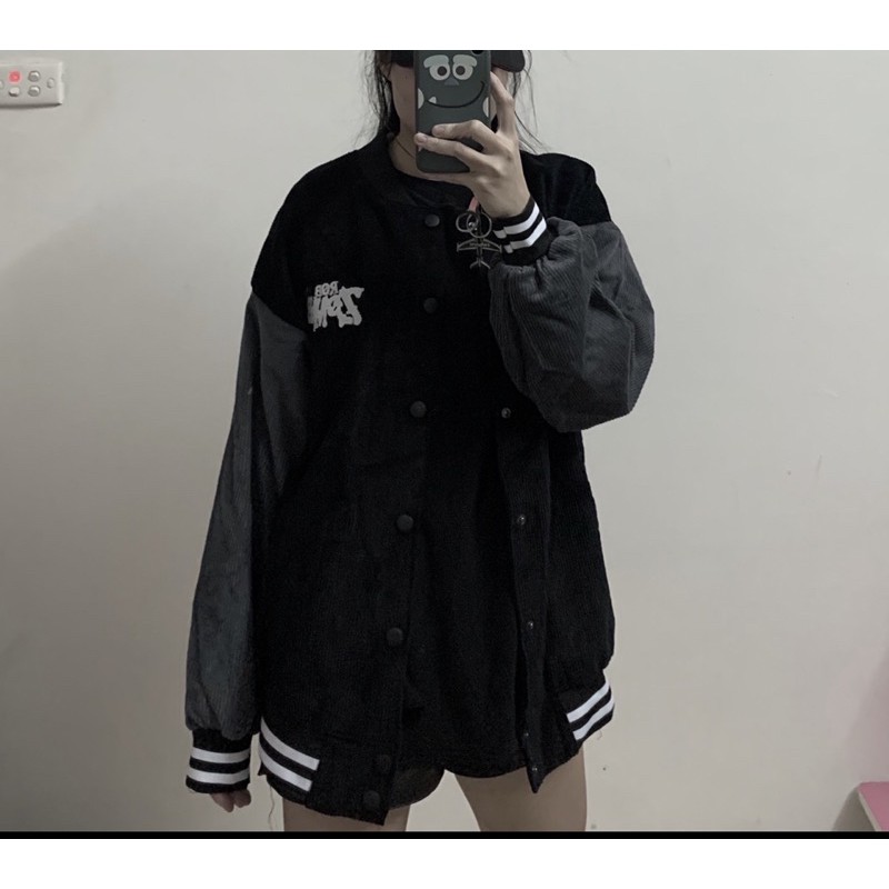 Bomber nhung bóng chày form rộng, Áo khoác bomber nhung màu đen | BigBuy360 - bigbuy360.vn