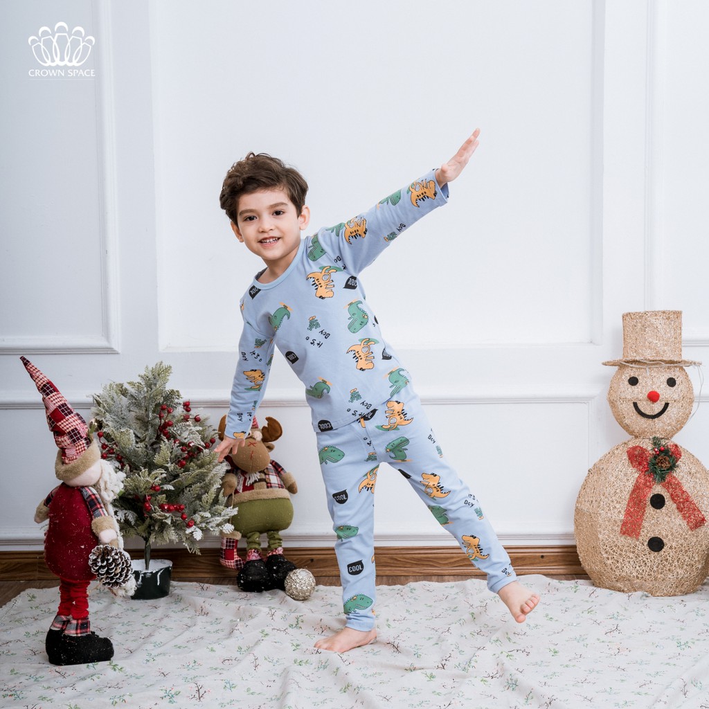 Bộ Mặc Nhà Dài Tay Bé Trai Crown Space Cao Cấp - Cotton Thoáng Mát Hình Khủng Long Xanh CKBL5911406 Size 17-33kg