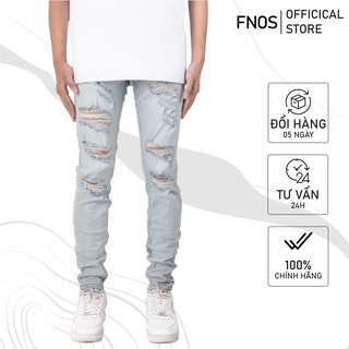Quần jean nam streetwear cao cấp FNOS Z26 màu xanh rách gối form slimfit có zip jean co giãn