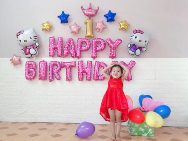 Set bóng trang trí sinh nhật hello kitty( kèm bơm và băng keo)- set 8C