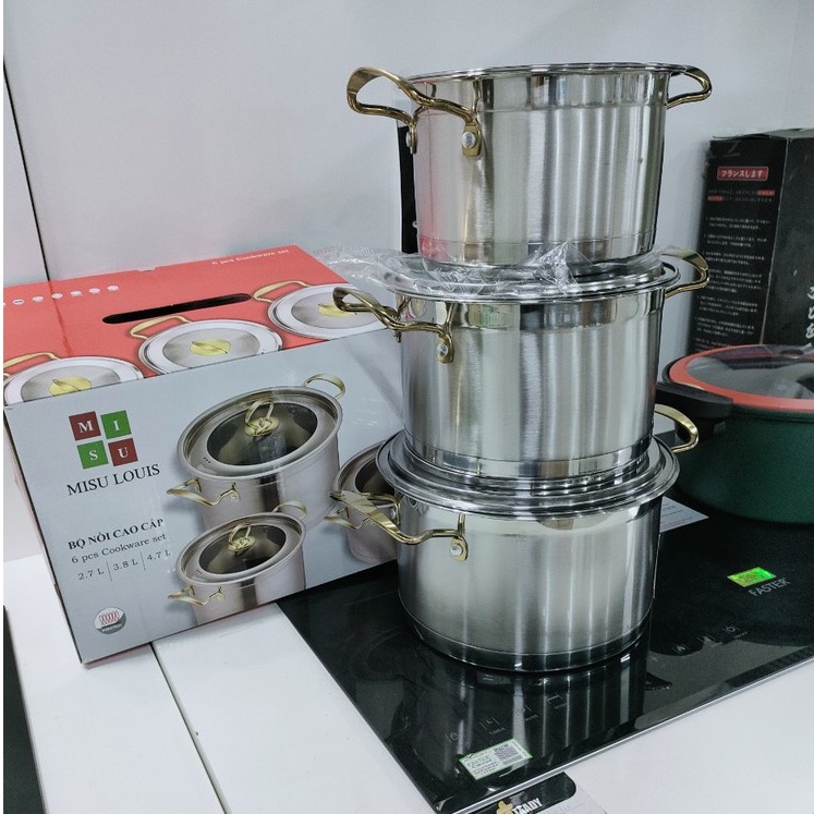 Bộ nồi inox 304 truyền nhiệt nhanh, bộ nồi Misu Louis 3 đáy nắp thủy tinh chùi rửa dễ dàng phù hợp các loại bếp Angoal