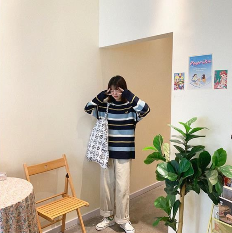 Áo Sweater Dáng Rộng Họa Tiết Kẻ Sọc Phối Màu Độc Đáo Phong Cách Hàn Quốc Cho Nữ