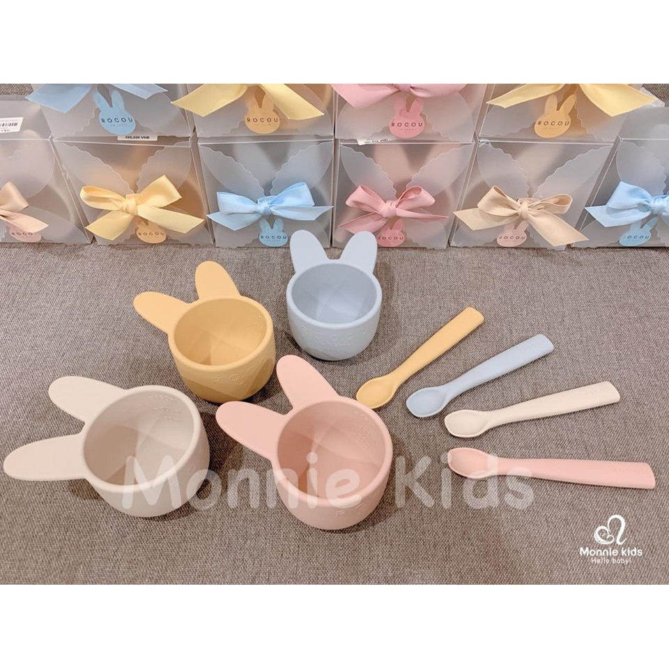 🎀 CÓ SẴN 🎀 SET BÁT THÌA ĂN DẶM SILICONE CAO CẤP ROCOU NỘI ĐỊA HÀN