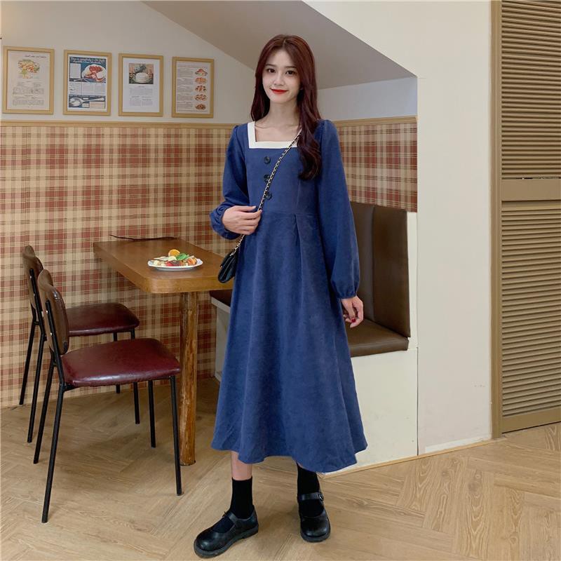 ⭐0412⭐ Korean style square neck long sleeve midi dress