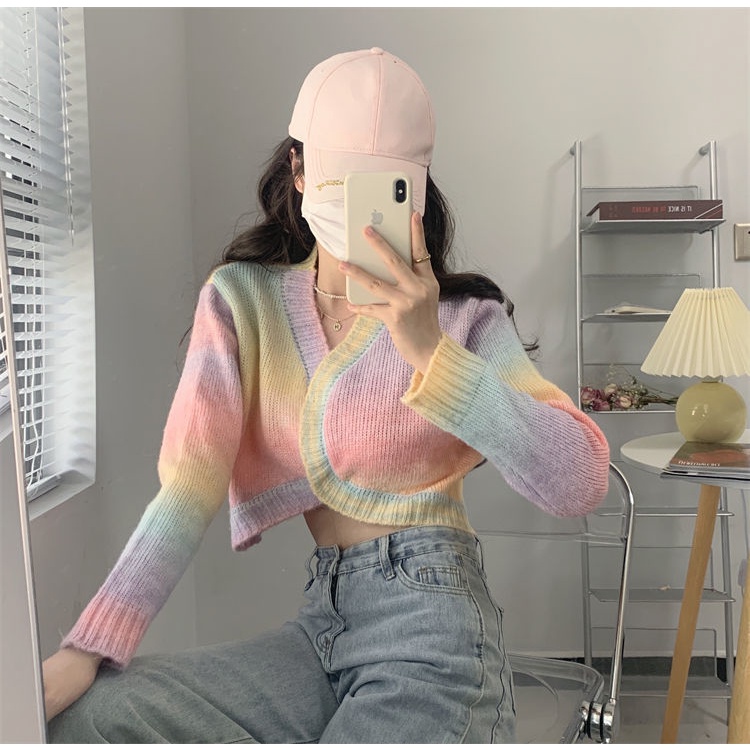 Áo Khoác Cardigan Dệt Kim Tay Dài Dáng Rộng Màu Nhuộm Phong Cách Hàn Quốc Thời Trang Thu Đông Cho Nữ