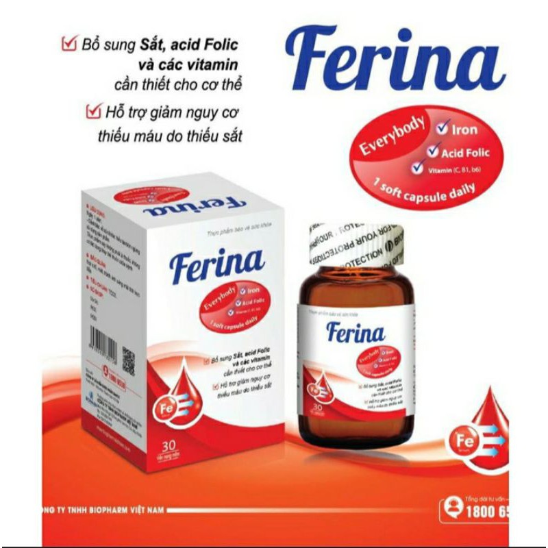 Ferina lọ 30 viên nang - Bổ sung sắt, acid Folic và các vitamin, hỗ trợ gảm nguy cơ thiếu máu do thiếu sắt.