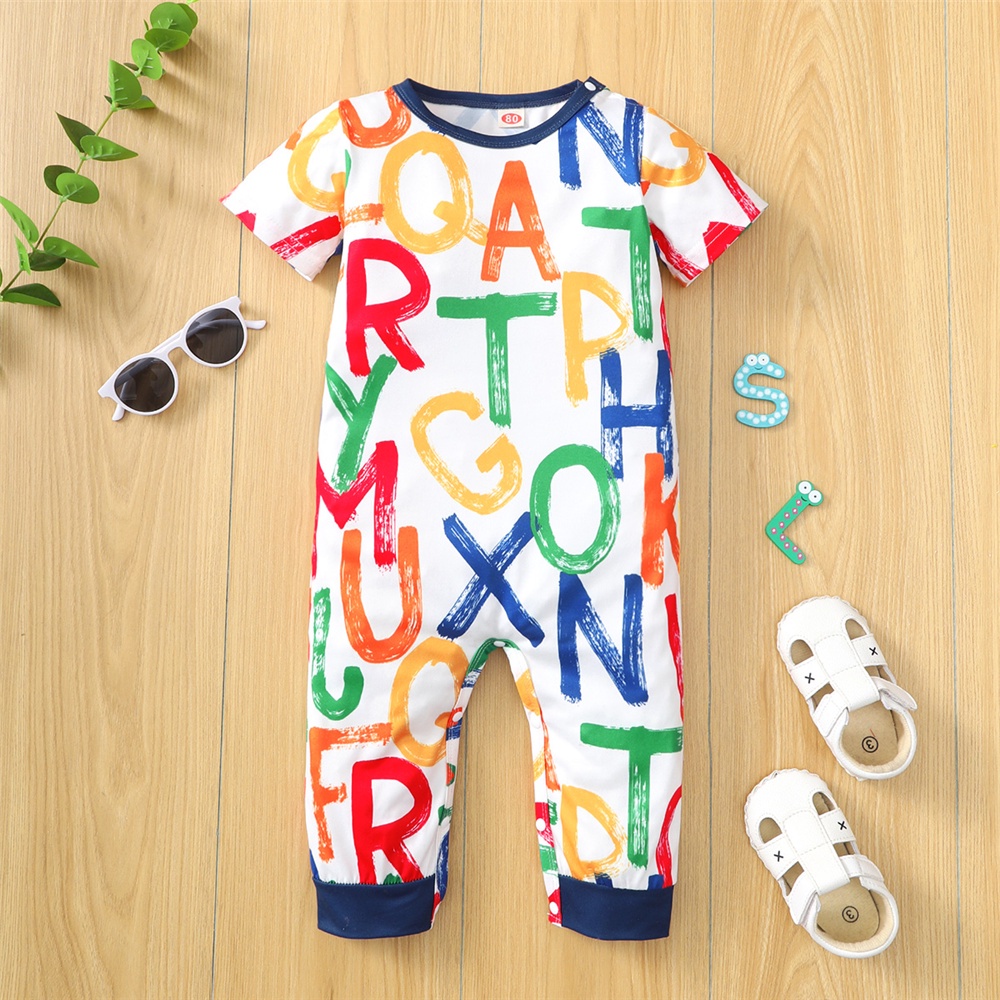 Áo liền quần Mikrdoo ngắn tay in chữ cho bé trai 0-18 tháng tuổi