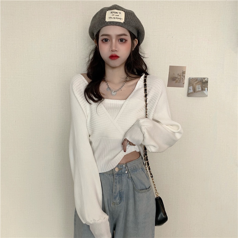 ZHELIHANGFEI Áo Dệt Kim Tay Dài Trễ Vai Phong Cách Hàn Quốc Xinh Xắn