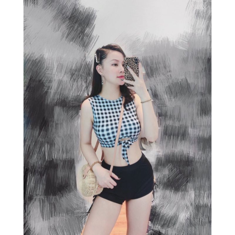 Bikini, Đồ Bơi Đi Biển Hai Mảnh Áo Caro Coroptop Quần Rút Dây Hai Bên Sexy NS29