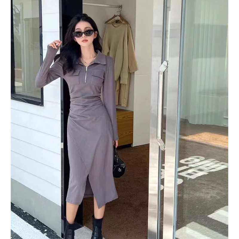 IELGY  Đầm Đen Cổ polo Tay Dài Xẻ Tà Thời Trang Cho Nữ