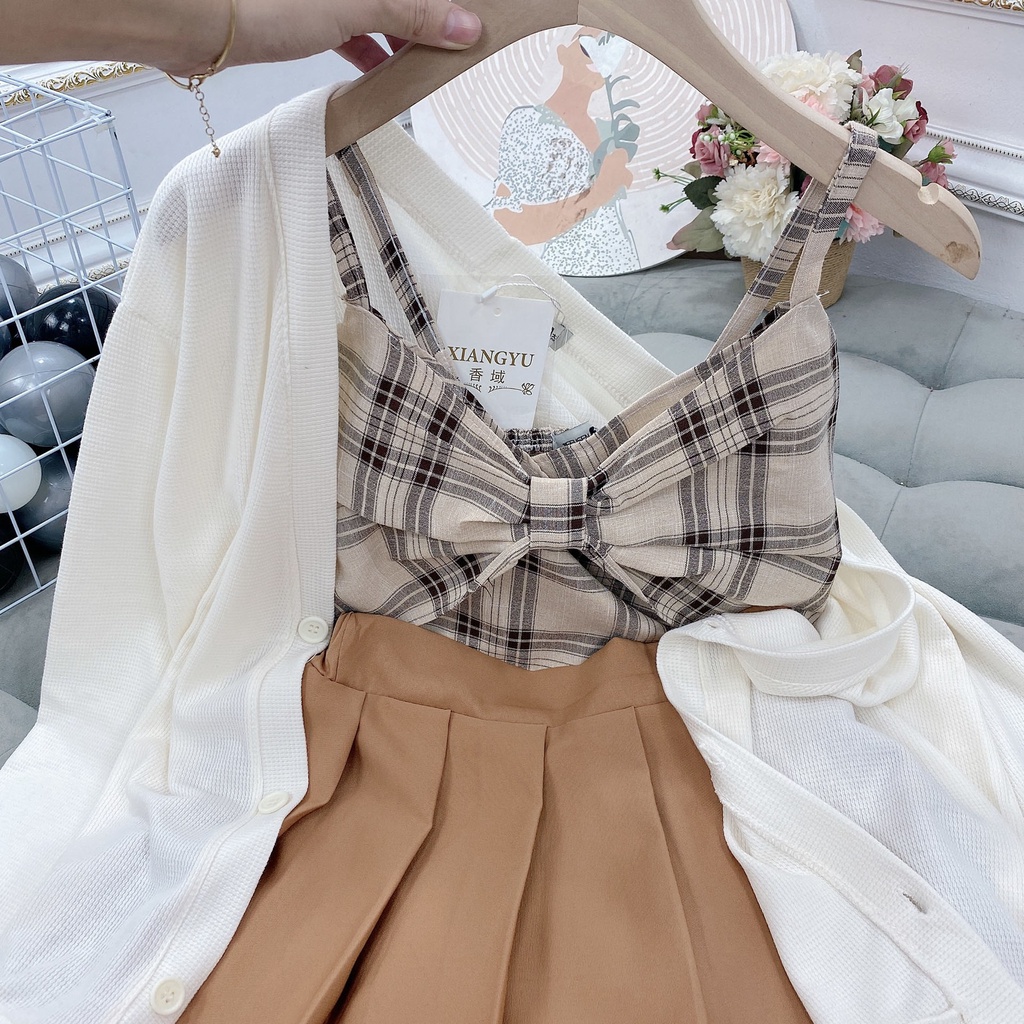 Set bộ 3 món áo khoác len phối chân váy xếp ly và áo croptop 2 dây phối nơ trước ngực ulzzang Hàn Quốc - Maoshop | BigBuy360 - bigbuy360.vn