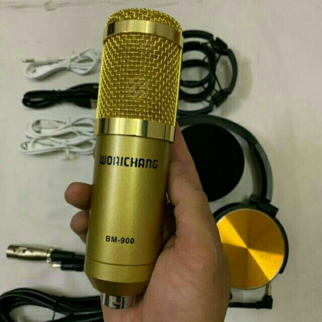 Combo livestream mic Woaichoang BM-900 soundcard V10 bluetooth tặng tai nghe kẹp điện thoại (4 món)