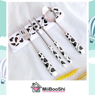 Bộ đũa thìa văn phòng cá nhân inox cán gỗ sồi cao cấp có hộp đựng xinh xắn MiibooShi AA44741X