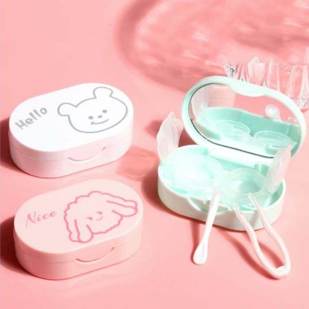 Hộp Đựng Kính Áp Tròng Kèm Gương Mini Hình Chữ Nhật Họa Tiết Gấu Hoạt Hình Dễ Thương