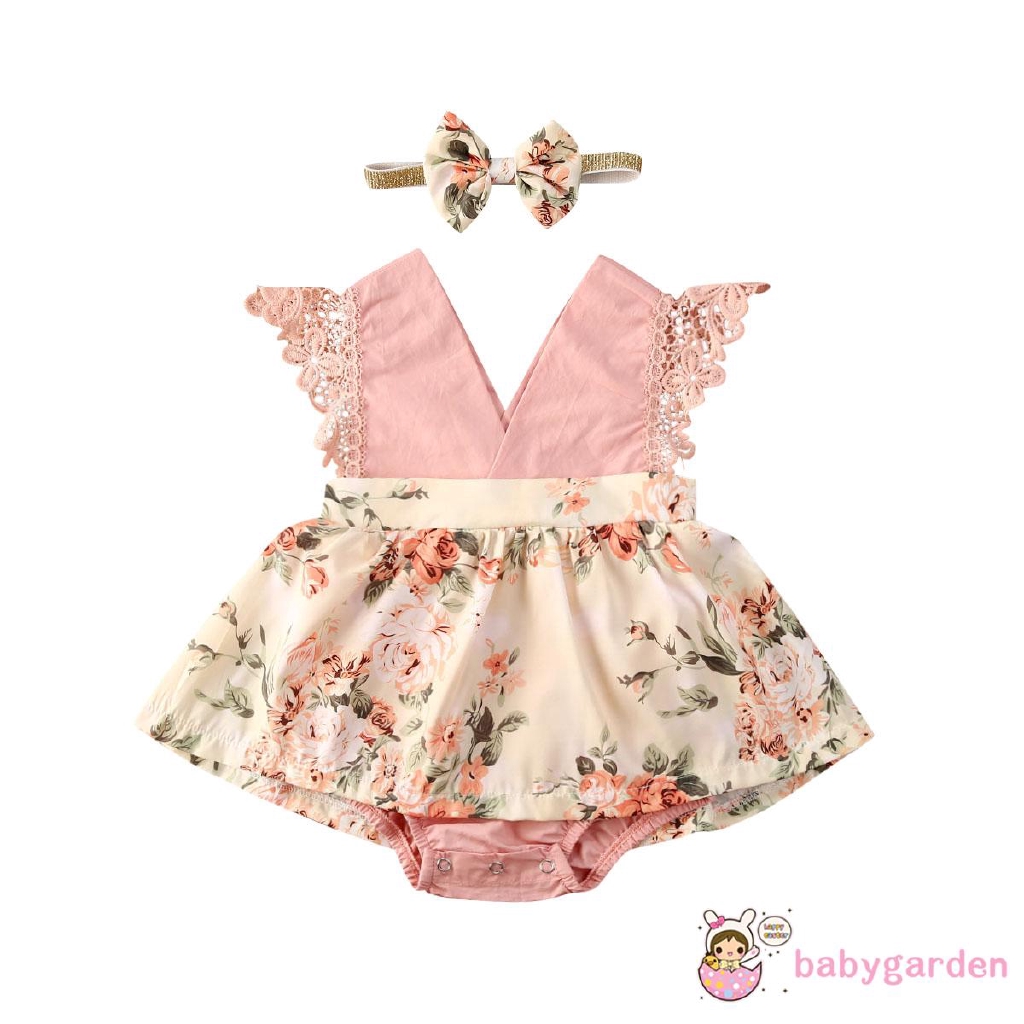 Jumpsuit Ren Hoa Tay Cánh Tiên + Băng Buộc Đầu Cho Bé Gái