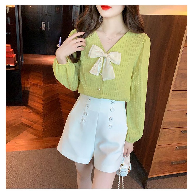 Áo Sơ Mi Chiffon Tay Dài Cổ Chữ V Màu Trơn Thời Trang Hàn Quốc Dành Cho Nữ