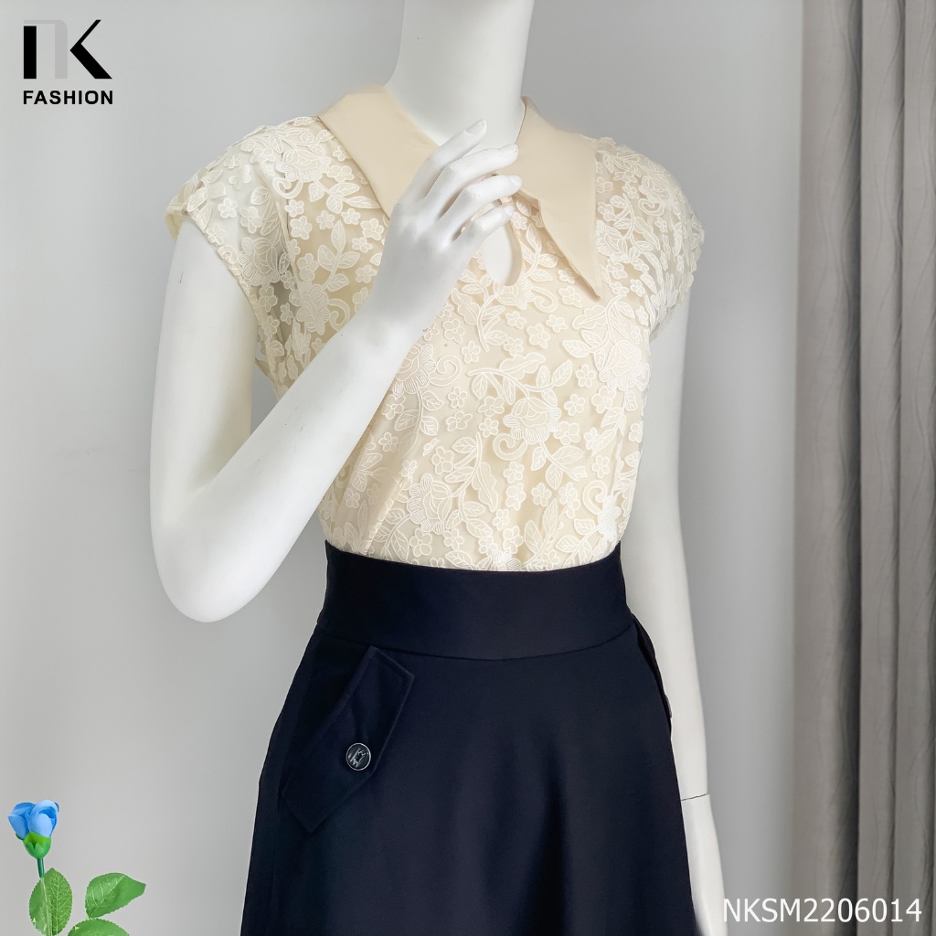 Áo Sơ Mi Ren Vai Chờm Cổ Kiểu NK FASHION Thiết Kế Ngắn Tay, Thanh Lịch, Sang Trọng NKSM2206014
