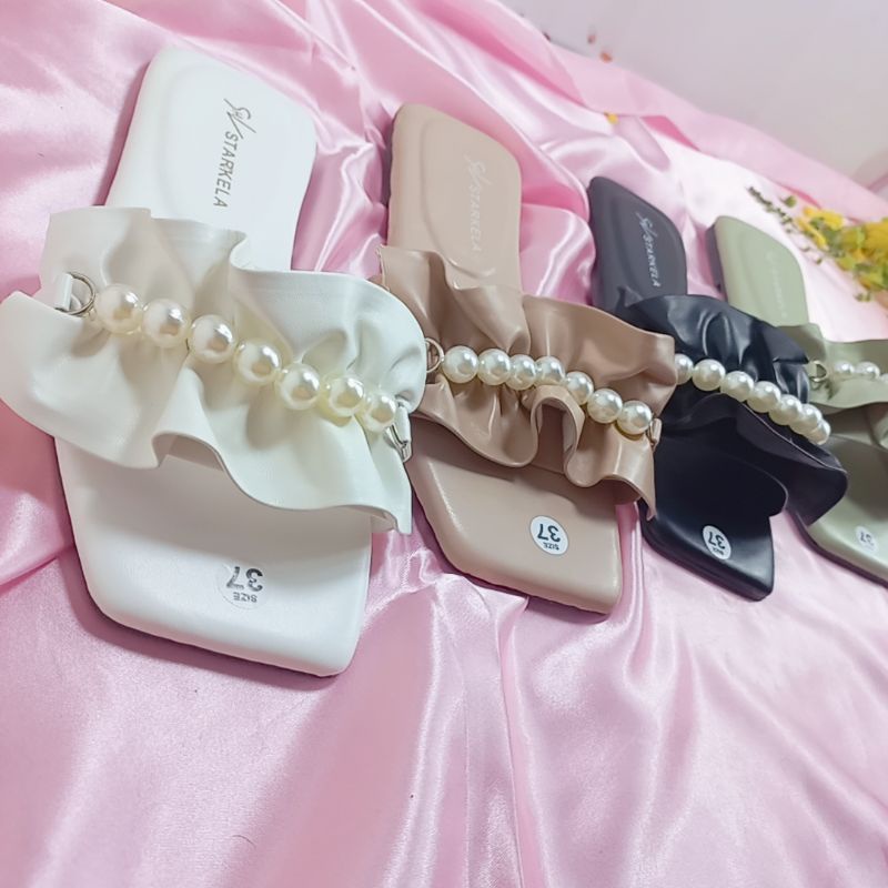 Dép Nữ Đế Bệt Minhtuyetshoes Quai Ngang Bèo Nhún Nhúm Đính Ngọc Châu mã DNB