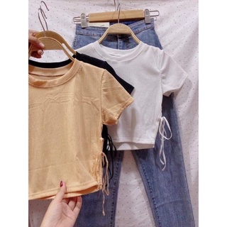 Áo croptop thắt dây eo 2 bên thun gân