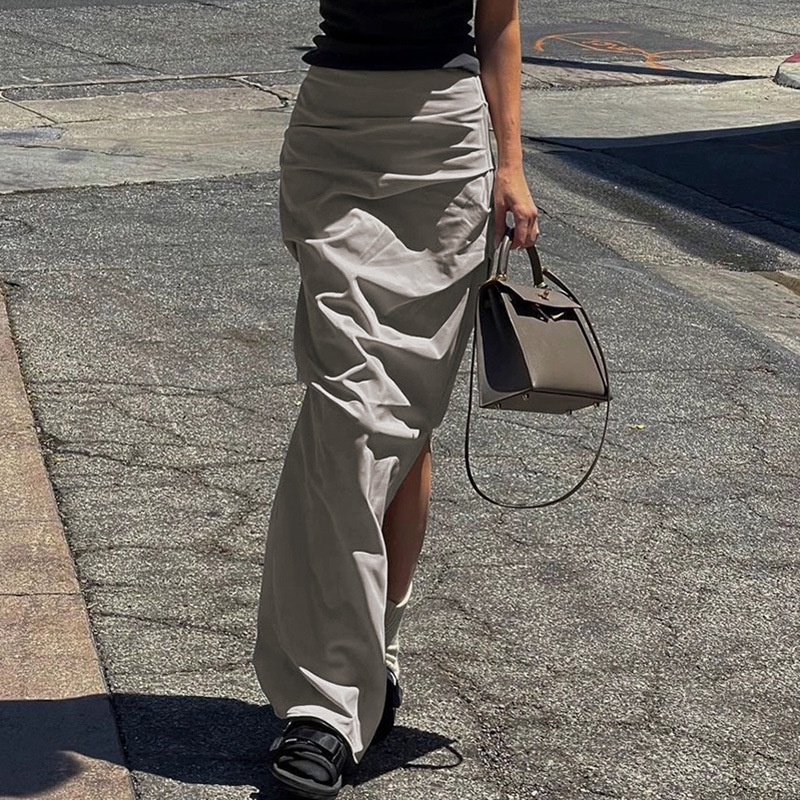 DUNEA Chân Váy Dài Lưng Cao Xẻ Tà Phối Khóa Kéo Phong Cách Đường Phố Cá Tính Cho Nữ