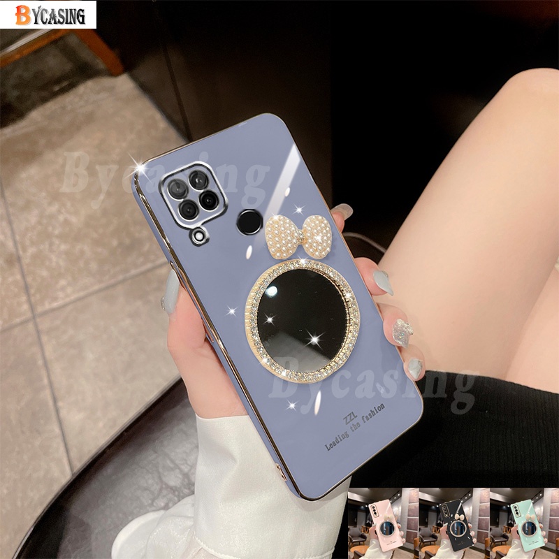 Ốp Điện Thoại Mềm Tráng Gương Đính Ngọc Trai Và Nơ Sang Trọng Cho OPPO A96 A76 A95 A55 A54 A16 A15 A74 A94 A53 A3S A5S A7 A12 A52 A92