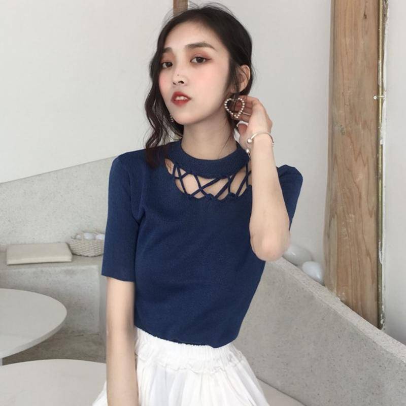 Áo Thun Nữ Ngắn Tay Cổ Tròn Khoét Vai Thời Trang Hàn