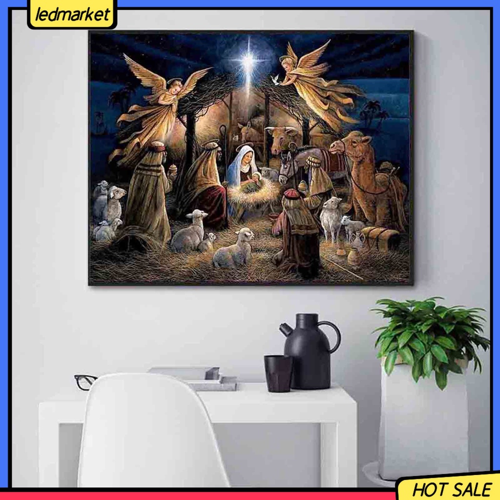 Tranh thêu chữ thập đính đá tròn hình chúa Jesus ngày giáng sinh DIY 30x40cm