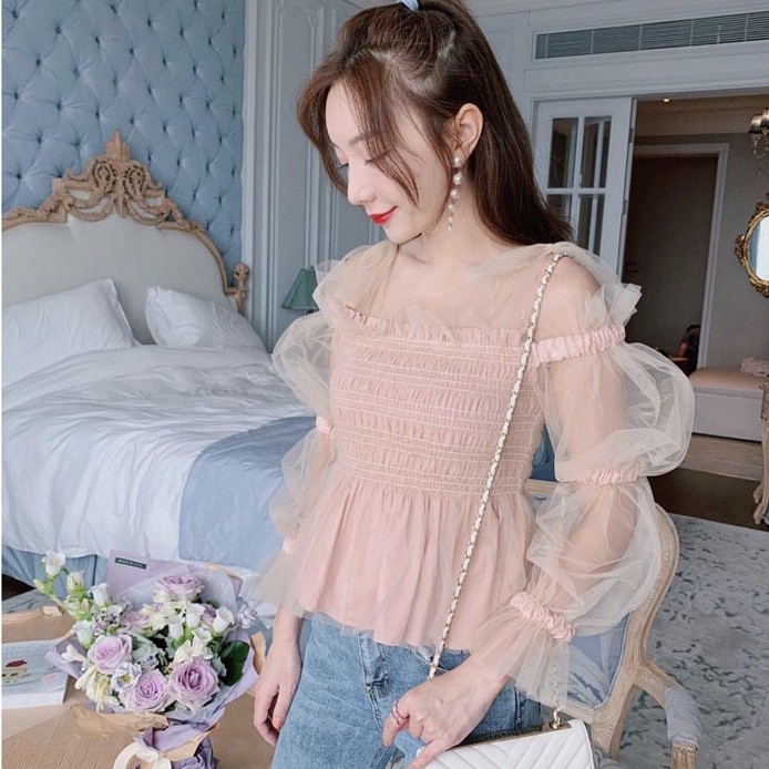 Áo hồng tiểu thư tay phồng hở vai croptop ulzzang hàn quốc Lina Top