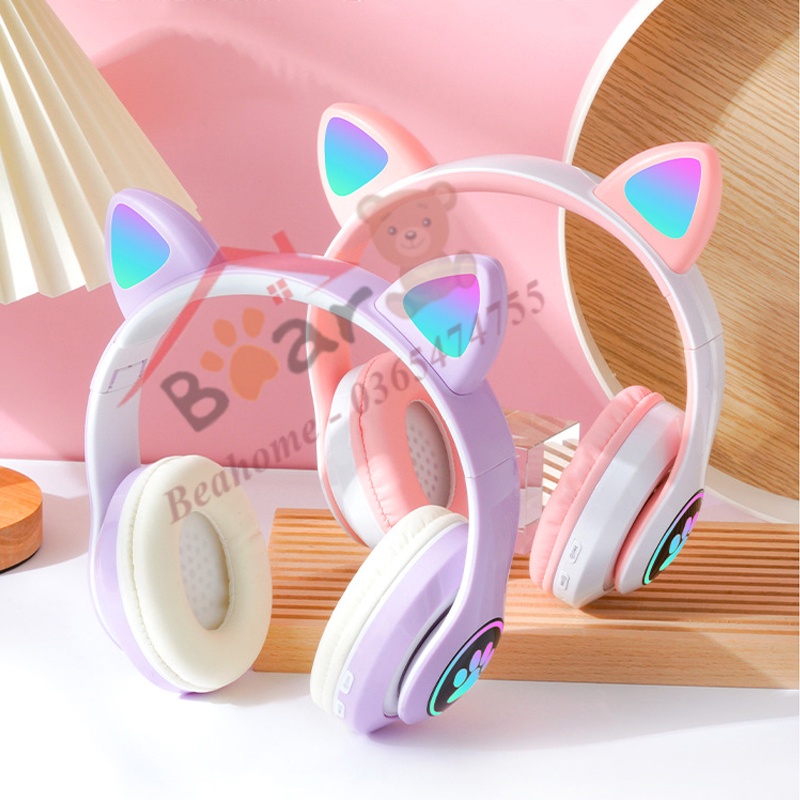 Tai nghe mèo bluetooth chụp tai cao cấp, Tai nghe mèo hồng dễ thương có micro đàm thoại, chơi game. Headphone phát sáng