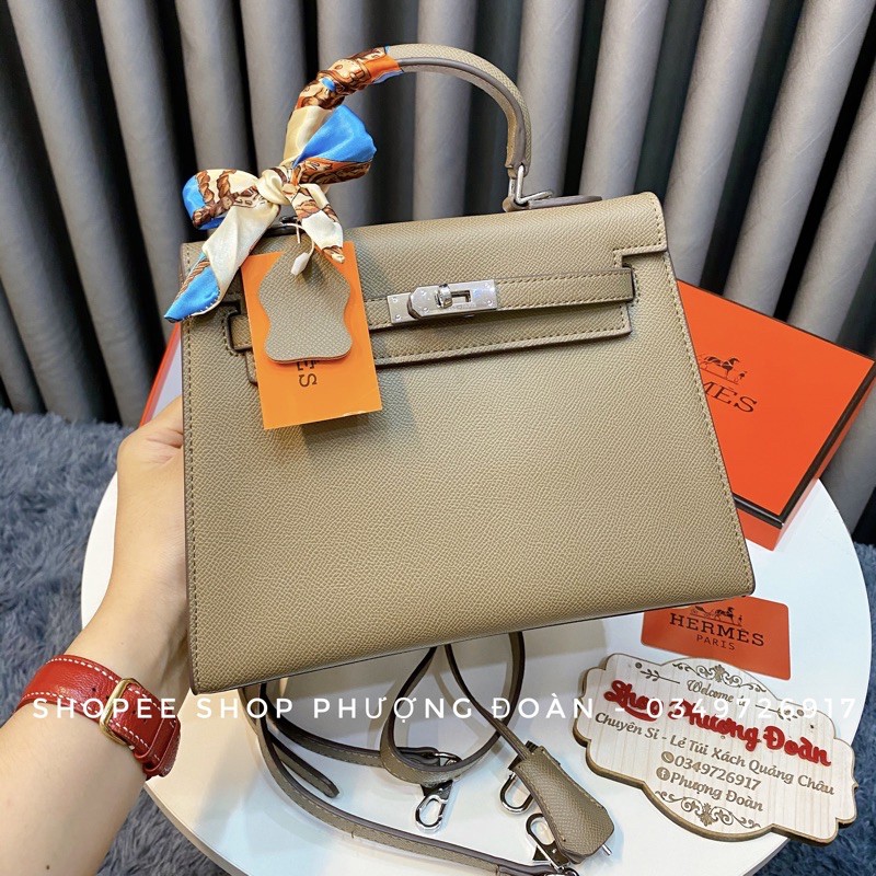 [KL25 FULL BOX]Túi da sần khoá trăng size 25cm tặng kèm khăn lụa
