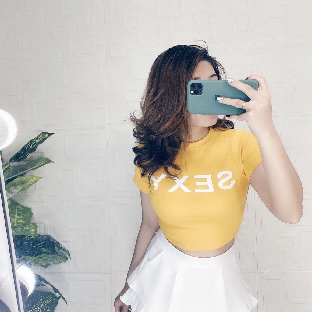 Áo croptop cổ tròn ôm body in chữ sexy cực hot