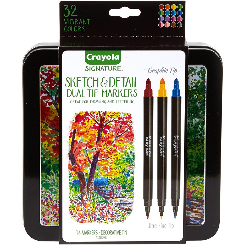 Bộ Bút Crayola Signature Graphic Tip  Hai Đầu Viết Calligraphy 32 Màu - Hộp 16 Cây Cao Cấp