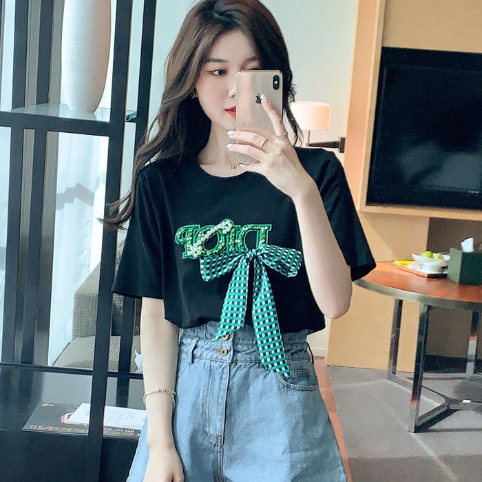 Áo thun nữ ngắn tay cổ tròn in chữ đính đá phong cách phương tây