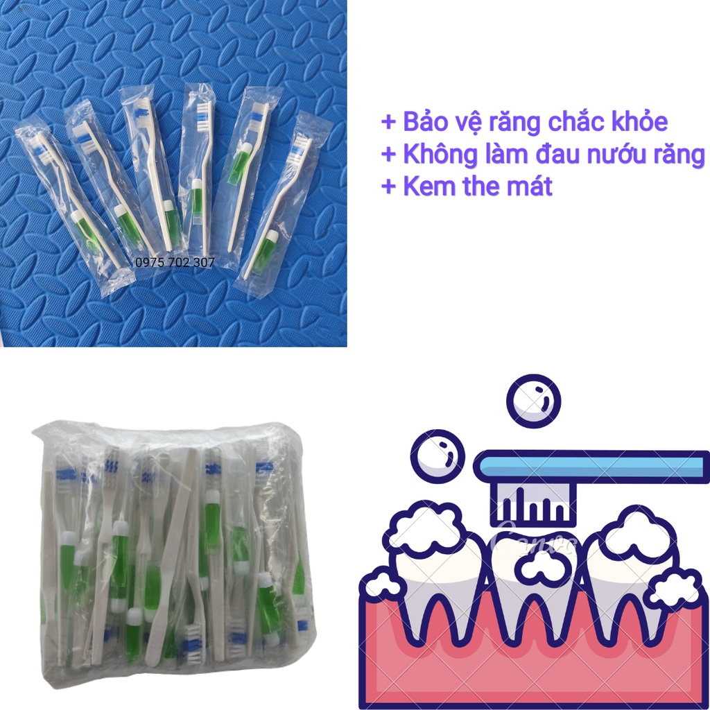 Bàn chải đánh răng khách sạn, dùng 1 lần đi du lịch, kem đánh răng cao cấp túi 100 cái