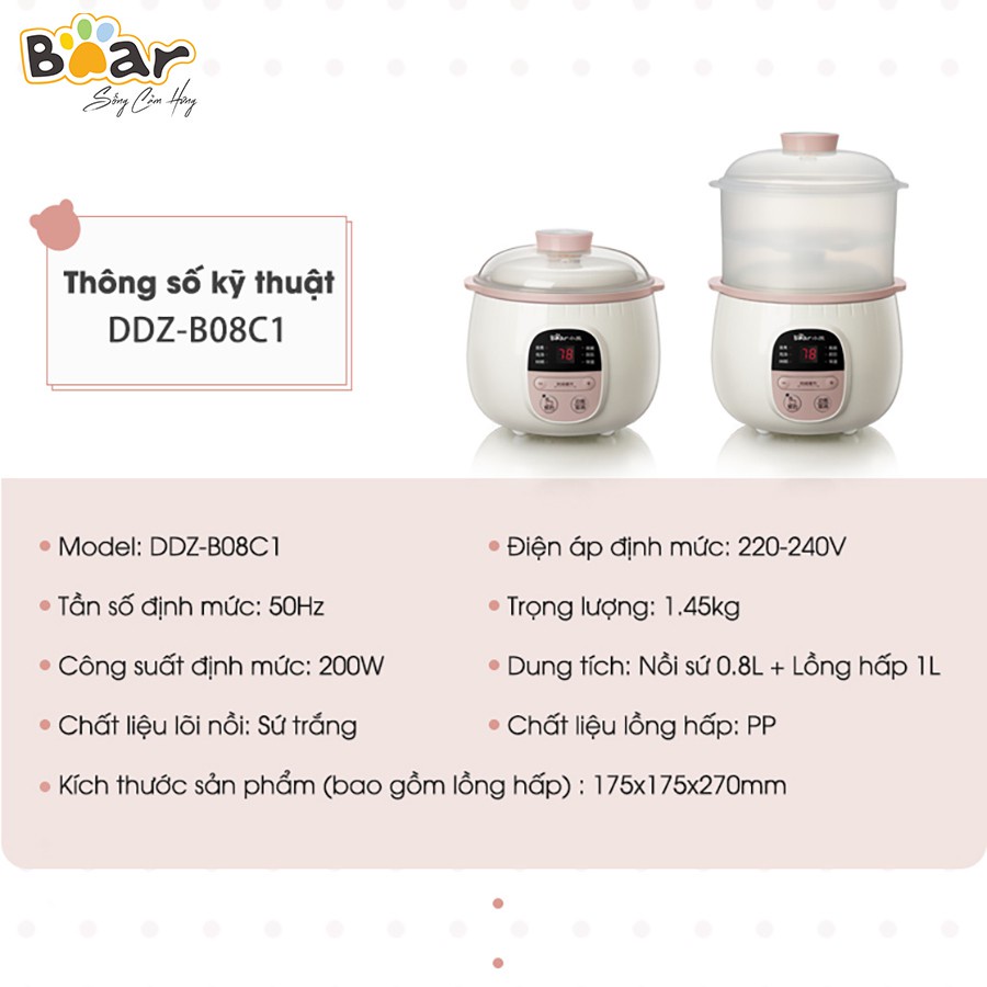 Nồi nấu cháo chậm cho bé chính hãng Bear bản quốc tế 0,8l 1,6l bảo hành 18 tháng AD77