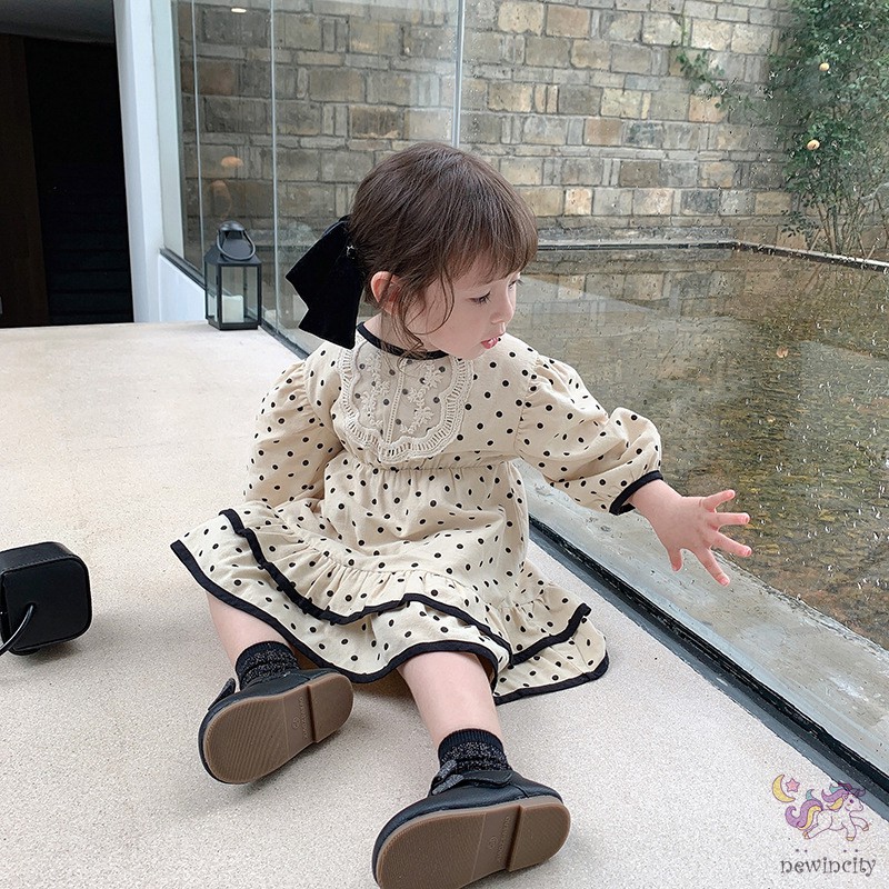 Đầm công chúa Dài Tay Họa Tiết Chấm Bi Dễ Thương Cho Bé