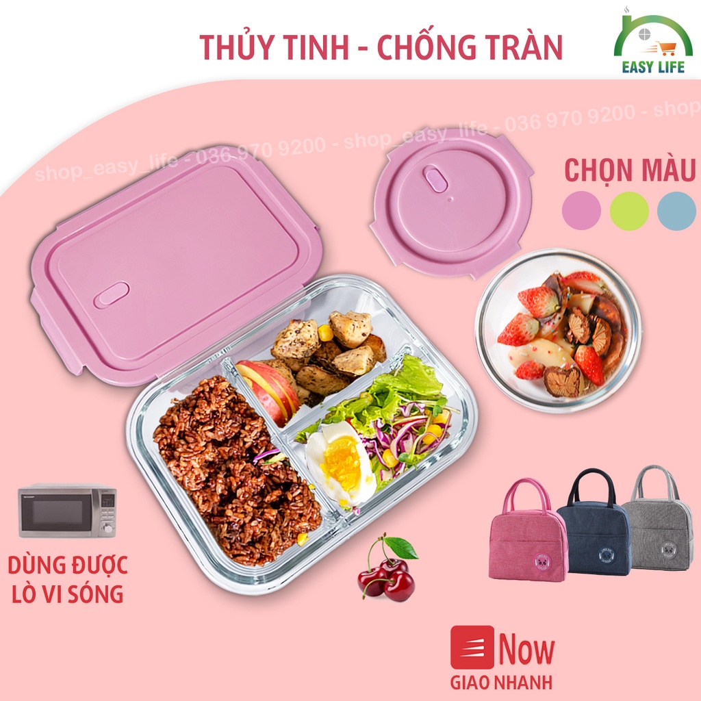 Hộp cơm văn phòng chia ngăn thủy tinh chịu nhiệt dùng được trong lò vi sóng