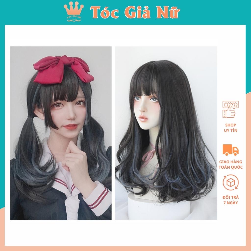 Tóc giả nữ nguyên đầu xoăn nhẹ phối line xanh dương, mẫu lửng 45cm, tặng lưới wig, TGN, C8267