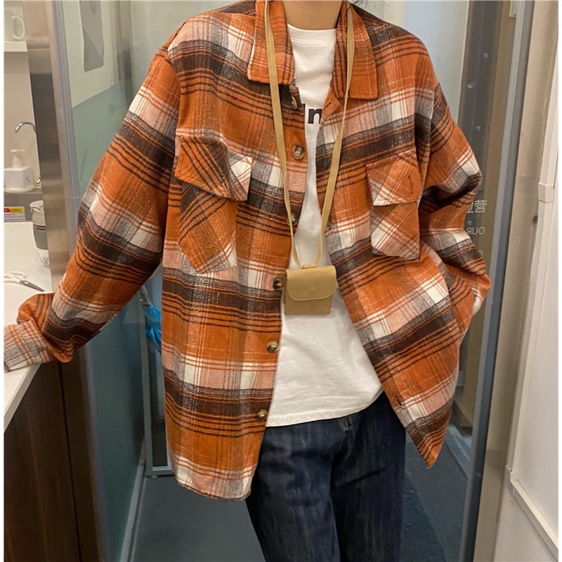 Áo sơ mi tay dài dáng rộng kẻ sọc kiểu retro cá tính