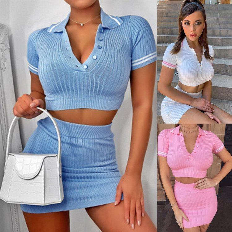 Set Áo Croptop Tay Ngắn + Chân Váy Bút Chì Lưng Cao Quyến Rũ Cho Nữ