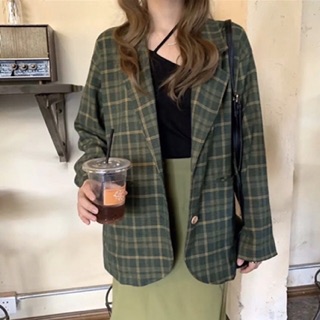 Set chân váy và blazer kẻ xanh lá
