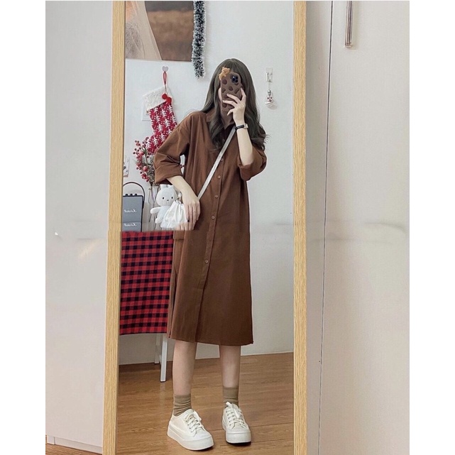 1686621 Váy Tay Dài Kaki Mịn Suôn