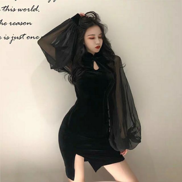 Sườn Xám Cách Tân Tay Phồng Vải Nhung Phối Voan 40-70Kg