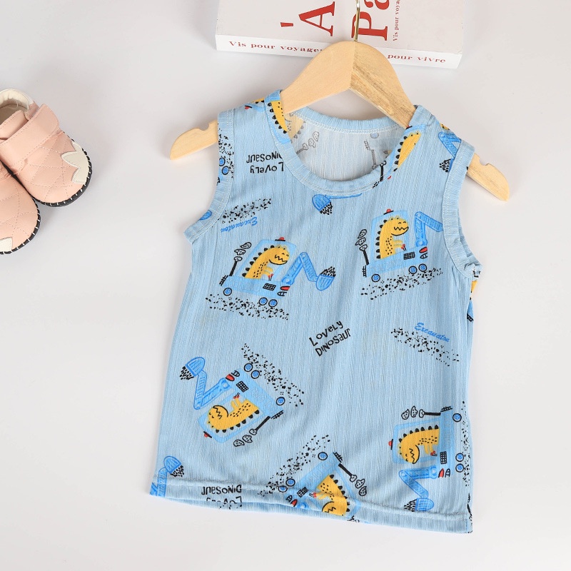 Áo Thun Sát Nách Cổ Tròn Bằng Lụa Lạnh Thoáng Khí In Họa Tiết Hoạt Hình Phong Cách Hàn Quốc Cho Bé 90-150cm