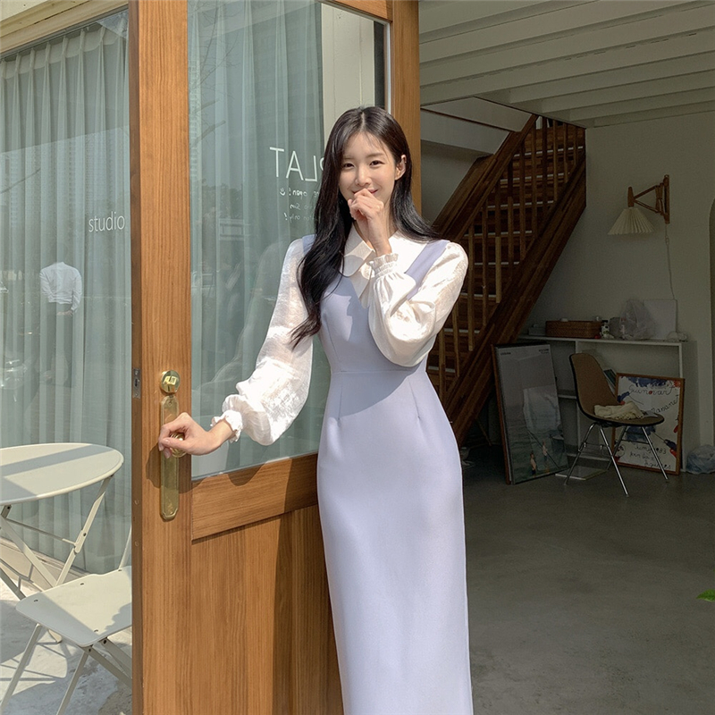 Set Áo Sơ Mi Dài Tay Và Đầm Yếm Hai Dây Phong Cách Hàn Quốc Dành Cho Nữ