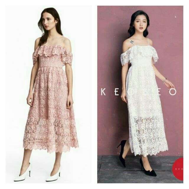 Váy ren midi hồng trễ vai HM Auth Sale sz 36