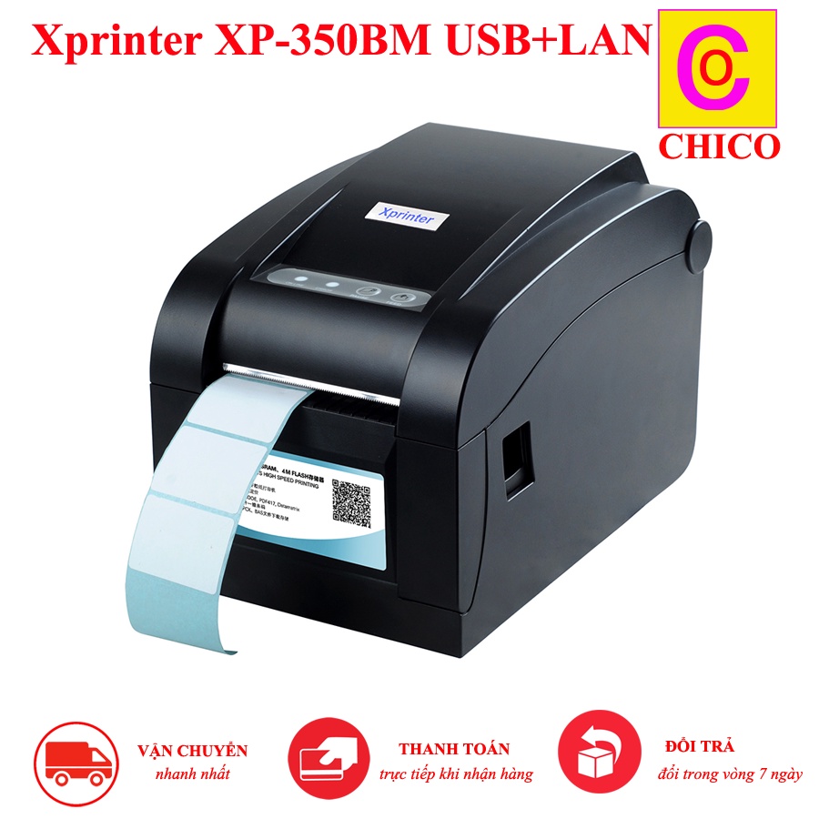 Máy in tem, mã vạch nhiệt, tem ghtk Xprinter XP-350B/XP-350BM LAN/USB in đơn hàng shopee Tem Mã Vạch, in đơn hàng